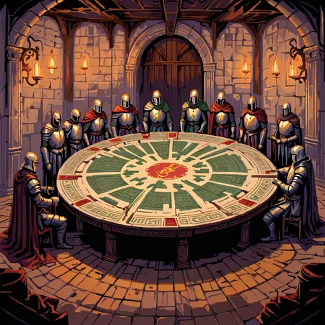 a close up of a table with knights around it