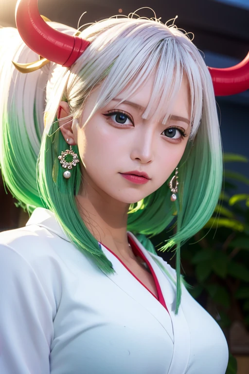 1girl, yamato_5000, white hair, green hair, gradient hair,  horns, wanostyle, ring earrings, ((masterpiece)), ((best quality)), extremely detailed, bloom, white kimono, traditional clothing, depth of field, sketch, dark intense shadows, sharp focus, soft lighting, darkness, good composition, solo, outdoors, night moon, upper body,light red eyes, japanese clothes,large breasts,