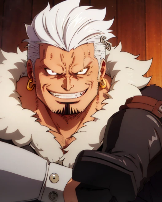 buff chaotic man, (exotic white fluffy hair:1.2), leather jacket, black jeans, normal ears, (earrings), (evil expression:1.2), (big wide open smile:1.2), (detailed face:1.2), leather boots