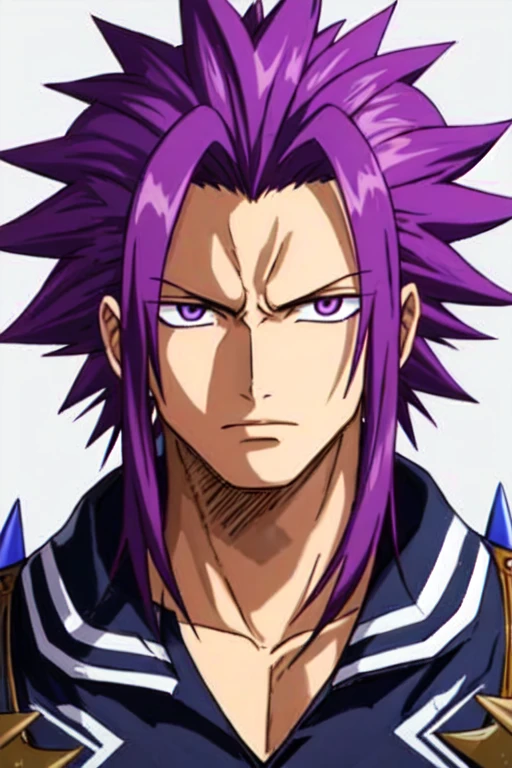 (((best quality))), ((masterpiece)), rating:safe, a man with long spiky purple hair standing with his arms crossed, shoulder pads, purple hair, long hair, ((spiky hair)), full body, male focus, 1boy, simple background, (((face focus))), monkey tail,  