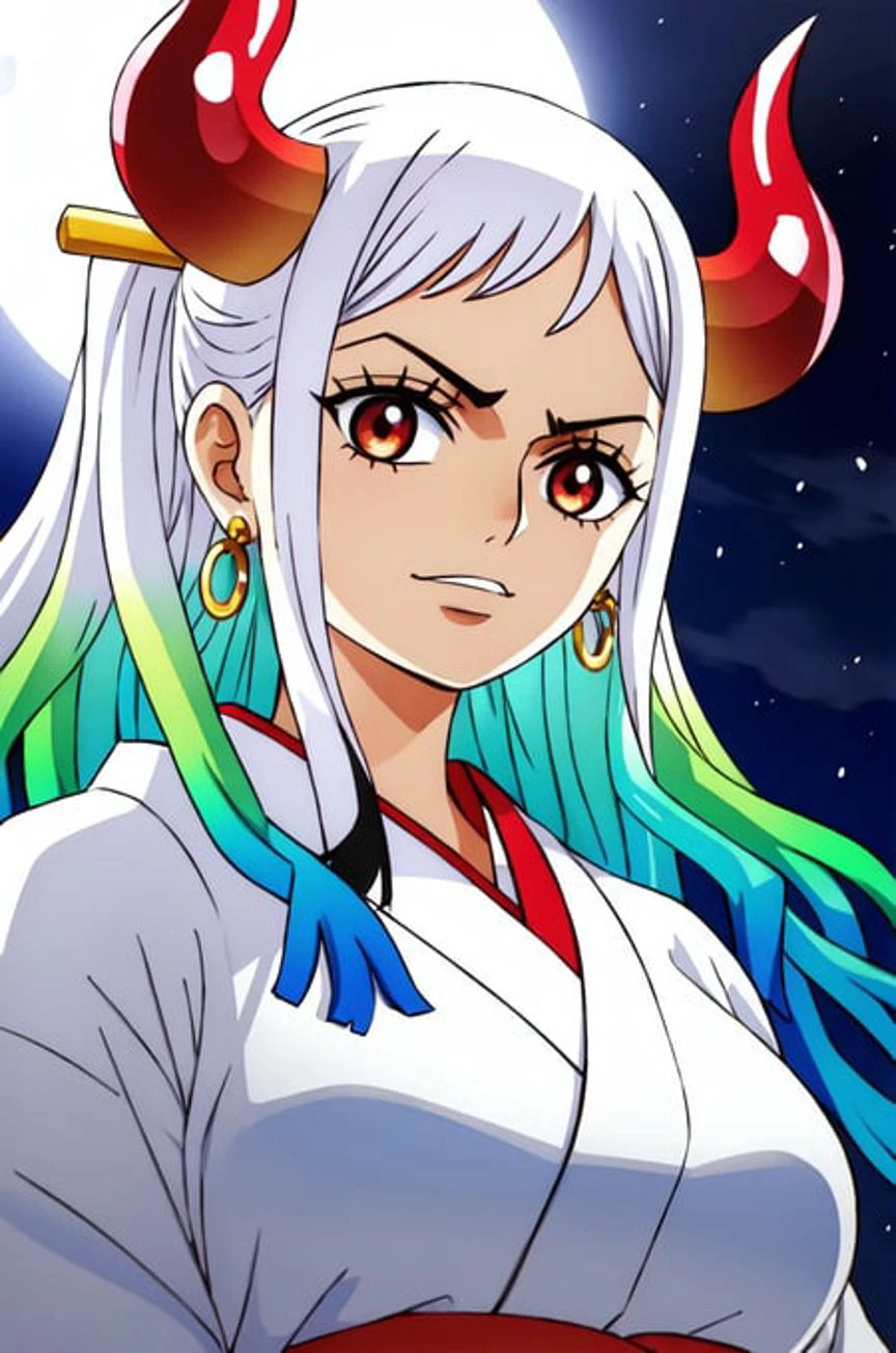 1girl, yamato_5000, white hair, green hair, gradient hair, horns, wanostyle, ring earrings, ((masterpiece)), ((best quality)), extremely detailed, bloom, kimono, traditional clothing, depth of field, sketch, dark intense shadows, sharp focus, soft lighting, darkness, good composition, solo, outdoors, night moon, from below, upper body, light from behind, 
