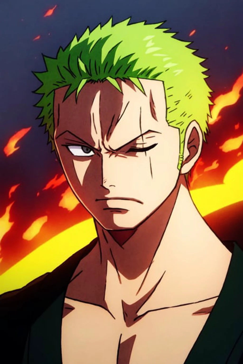 1boy, wanostyle, roronoa zoro, angry looking, katana,  (one eye closed),  scar across eye,  green hair. solo, upper body, (((masterpiece))), ((best quality)), (extremely detailed), watercolor, illustration, depth of field, sketch, dark intense shadows, sharp focus, soft lighting, hdr, colorful, good composition, fire all around, spectacular, black eyes, japanese clothes,  