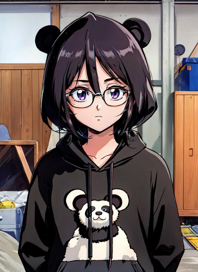 ((best quality)), ((highly detailed)), masterpiece, absurdres, detailed face, beautiful face, (detailed eyes, deep eyes), (1girl), (glasses), multiple views, propped up on one hand , ((panda_hoodie)), kuchiki rukia, short hair, black hair, purple eyes, small breasts, (indoors, at a garage), 1990s (style), retro artstyle