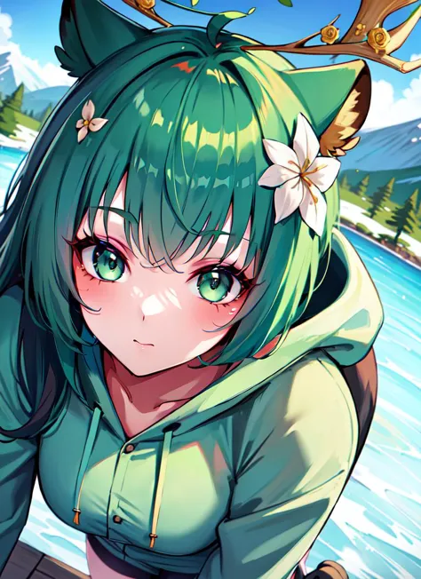 ((best quality)), ((highly detailed)), masterpiece, absurdres, detailed face, beautiful face, (detailed eyes, deep eyes), (1girl), close-up, cowboy shot, <lora:harukakaribu-nochekaiser:1>, haruka karibu, green hair, long hair, hair flower, hair ornament, (green eyes:1.5), reindeer girl, animal ears, animal ear fluff, antlers, reindeer antlers, antler ornament, <lora:panda_hoodie_v3:.6>, panda_hoodie, pajama pants, platform boots, scarf, (outside, on a glacier, dawn)