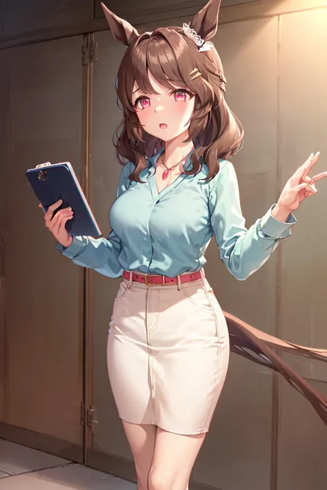 masterpiece, best quality,
light hello \(umamusume\),
holding clipboard,
casual, hair ornament, hairclip, necklace, jewelry, blue shirt, long sleeves, shirt tucked in, belt, white skirt, blue footwear, high heels
<lora:light_hello_loha-000010:0.7>