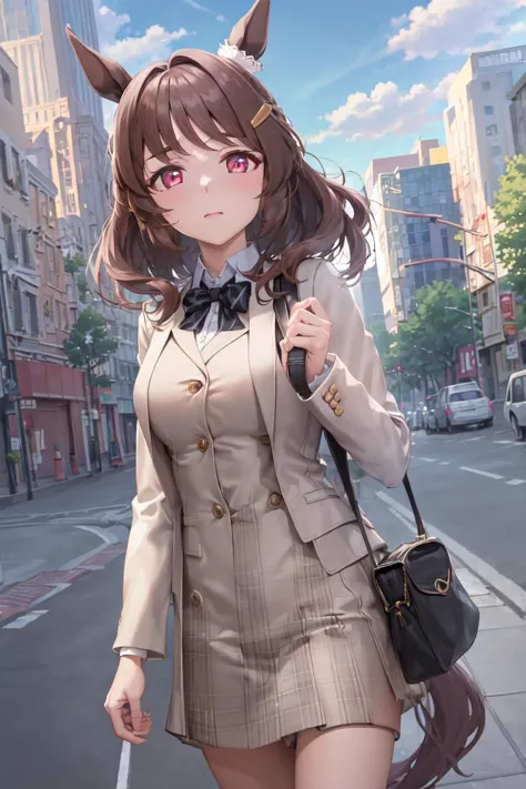 anime girl walking down the street with a handbag and a purse