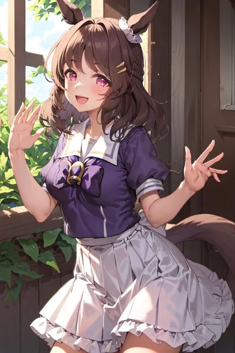 masterpiece, best quality,
light hello \(umamusume\),
open mouth, smile, waving, 
tracen school uniform, hair ornament, hairclip, summer uniform, serafuku, puffy short sleeves, purple bowtie, horseshoe ornament, sailor collar, sailor shirt, purple shirt, white skirt, pleated skirt, 
<lora:light_hello_loha-000010:0.7>