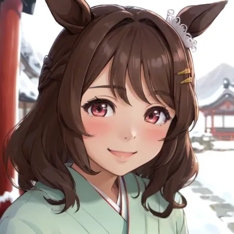 anime girl with brown hair and brown eyes in a green kimono