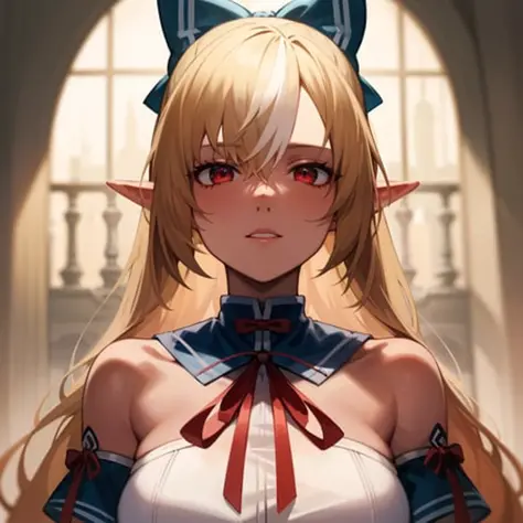 2d, masterpiece, best quality, anime, highly detailed face, highly detailed eyes, highly detailed background, perfect lighting, cowboy shot, 1girl, solo, shiranui flare, dark elf, white dress, detached sleeves, red ribbon, neck ribbon, long hair, blue bow, hair bow <lora:flare-20:0.8>