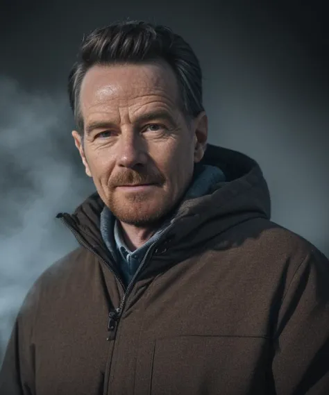 (Masterpiece Photo:1.3) of (Ultra detailed:1.3) (8k, RAW photo, highest quality),1man,aged up,bryancranston,standing in the Norwegian mountains, (misty mountains), (detailed eyes:0.8), (looking at the camera:1.4), (highest quality), (best shadow), intricate details, interior, (), dark studio, muted colors, freckles,Highly Detailed
 <lora:bryancranston:0.9>