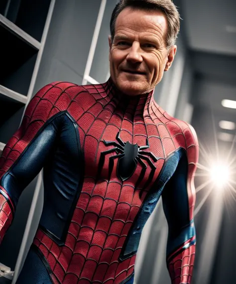 modelshoot style, muscular,bryancranston dressed as spider-man,(no helmet),intricate details, lens flare, intricate detailed fac...