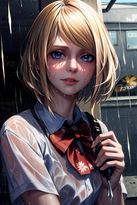 1girl, re4ashley, blonde hair, <lora:sxz-ashley-graham:0.7>, school uniform, wecl, see-through, wet, wet hair, rain,  looking at...