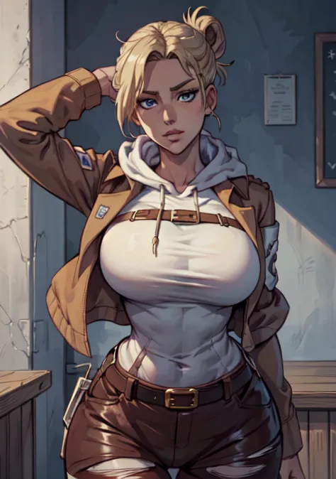 Modern Anime, (beste Qualität, Meisterwerk, höchste Detailliertheit),
Dame, hübsches Gesicht, große Brüste, 
th3p1t,
b1mb0,
 annie_leonhardt, blonde, Haarknoten, Kapuze runter, hoodie, braune Jacke, paradis militäruniform, Träger, Streifen, belt, eng, Breite Hüften,