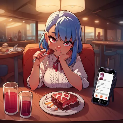 score_9, score_8_up, score_7_up, CONCEPT_PovDating_ownwaifu, 1girl, holding fork, food, plate, looking at viewer, drinking glass...