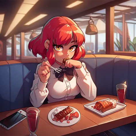 score_9, score_8_up, score_7_up, CONCEPT_PovDating_ownwaifu, 1girl, holding fork, food, plate, looking at viewer, drinking glass, cup, phone, table, indoors, sitting, restaurant, wine glass, smartphone, chair, blurry, meat, eating, pov across table, pov dating