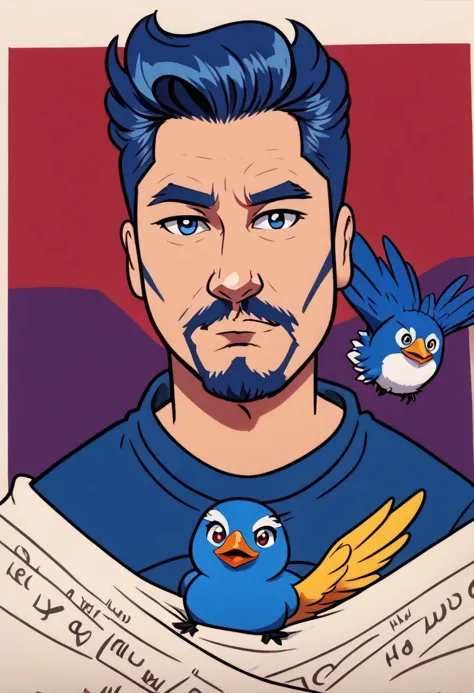 a cartoon of a man with a bird on his shoulder