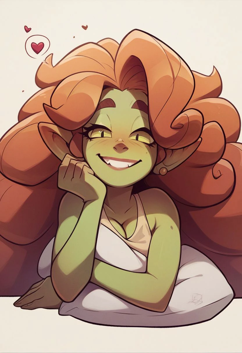 score_9, score_8_up, score_7_up, score_6_up, pretty green goblin woman with long curly red hair, horny pose, horny face, green eyes, closeup, attractive smile, heart shape, short summer transparent dress, perfect body, , airy hair, extremely long hair, very long hair, hair pillow