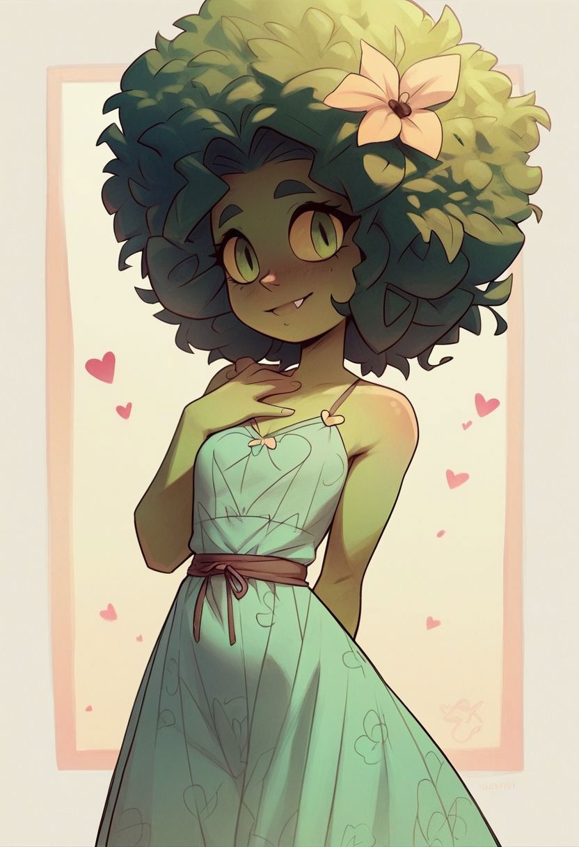 A drawing of a woman with a big afro wearing a dress - SeaArt AI