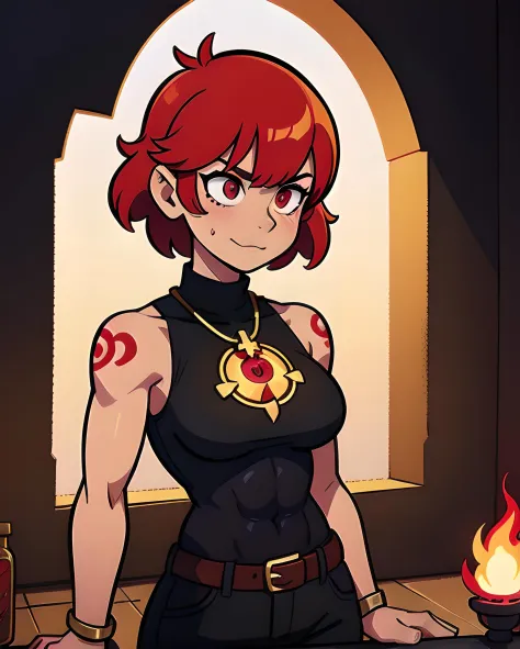 female focus, solo, upper body, 1girl, human, sorcerer, (medium_breasts:1.1), muscular, abs, biceps, (tan skin:1.1), red pixie cut hair, (tattoos:1.1), blood red eyes, (scowling:0.8), half smile, ruby pendant, jewelry, red sleeveless shirt, cleavage cutout...