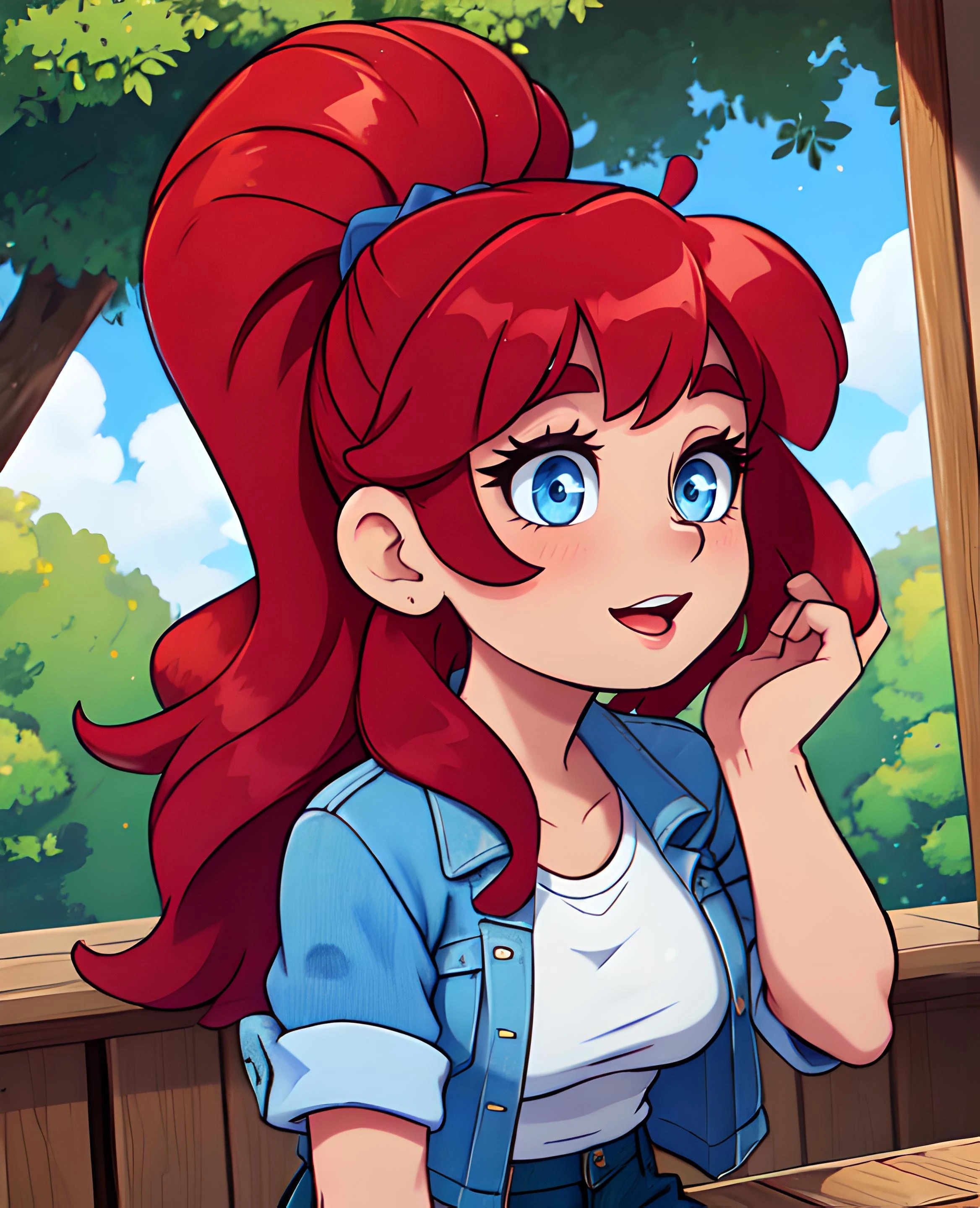 (mature woman:1.4), solo, Long curly hair, detailed eyes, open neckline, ((masterpiece)), (high quality), (best quality), (detailed), hd, perfect lighting, detailed face, detailed body
BREAK
red  hair
BREAK
garden, sunshine,
(wearing Blue denim jacket with a white t-shirt and printed skirt,black ponytails ):1.4,