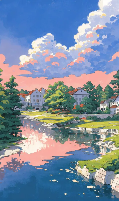 painting of a river with houses and trees in the background