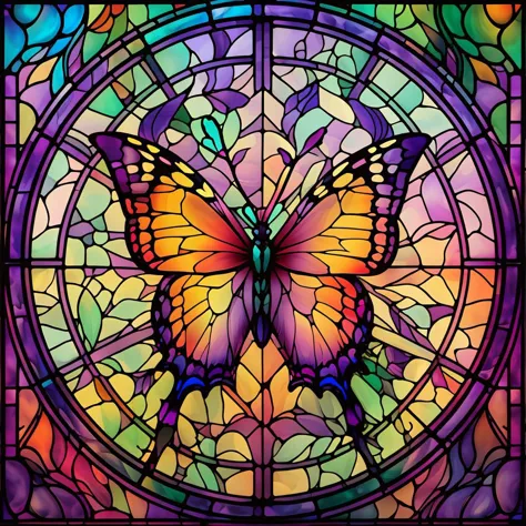 a close up of a stained glass window with a butterfly