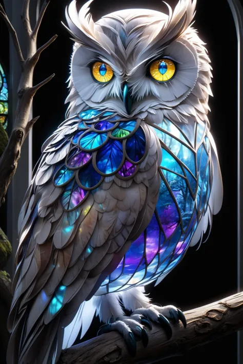 night time, moonlight, an owl made of stained glass sitting on a branch in a forest, owl's feathers are made of stained glass, i...