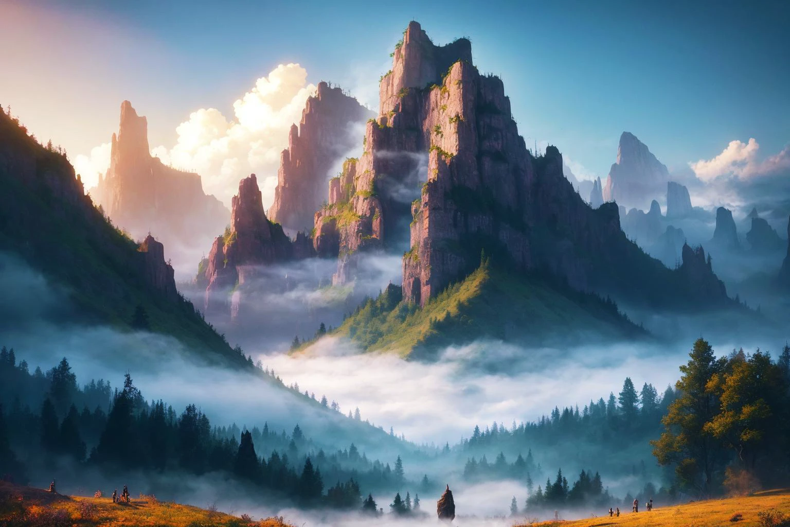 (masterpiece), (best quality), (incredible digital artwork), atmospheric scene inspired by a Peter Jackson fantasy movie, breathtaking landscape, towering mountains, lush forests, misty valleys, awe-inspiring structures, diverse and vibrant characters, engaging in a pivotal moment, dramatic lighting, vivid colors, intricate details, expertly capturing the essence of an epic cinematic experience 