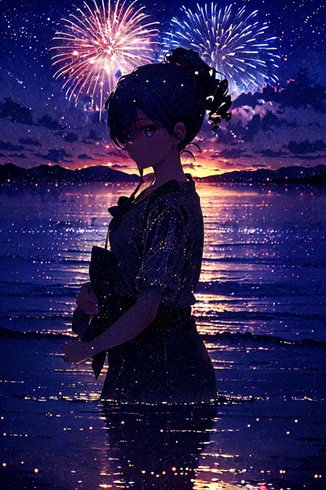 (best quality, masterpiece), (extremely detailed:1.3), (1girl:1.4), HDR,  <lora:fireworks_20230730090722:0.7> fireworks, night, reflection, horizon, looking away, cowboy shot, silhouette, ocean,, hair over one eye, ponytail, drill hair,