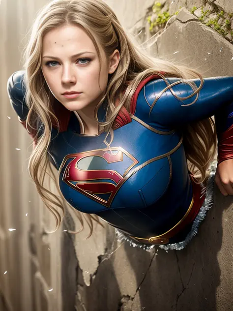 8k, award winning portrait color photo of a beautiful (Supergirl:1.0), trapped in a wall stuck in wall, wall is cracked, stone splitting, (melissa benoist:1.0), Kryptonite, epic, realistic, worried, concerned, sweating, (hdr:1.2), (lens_flare:0.7), by luis...