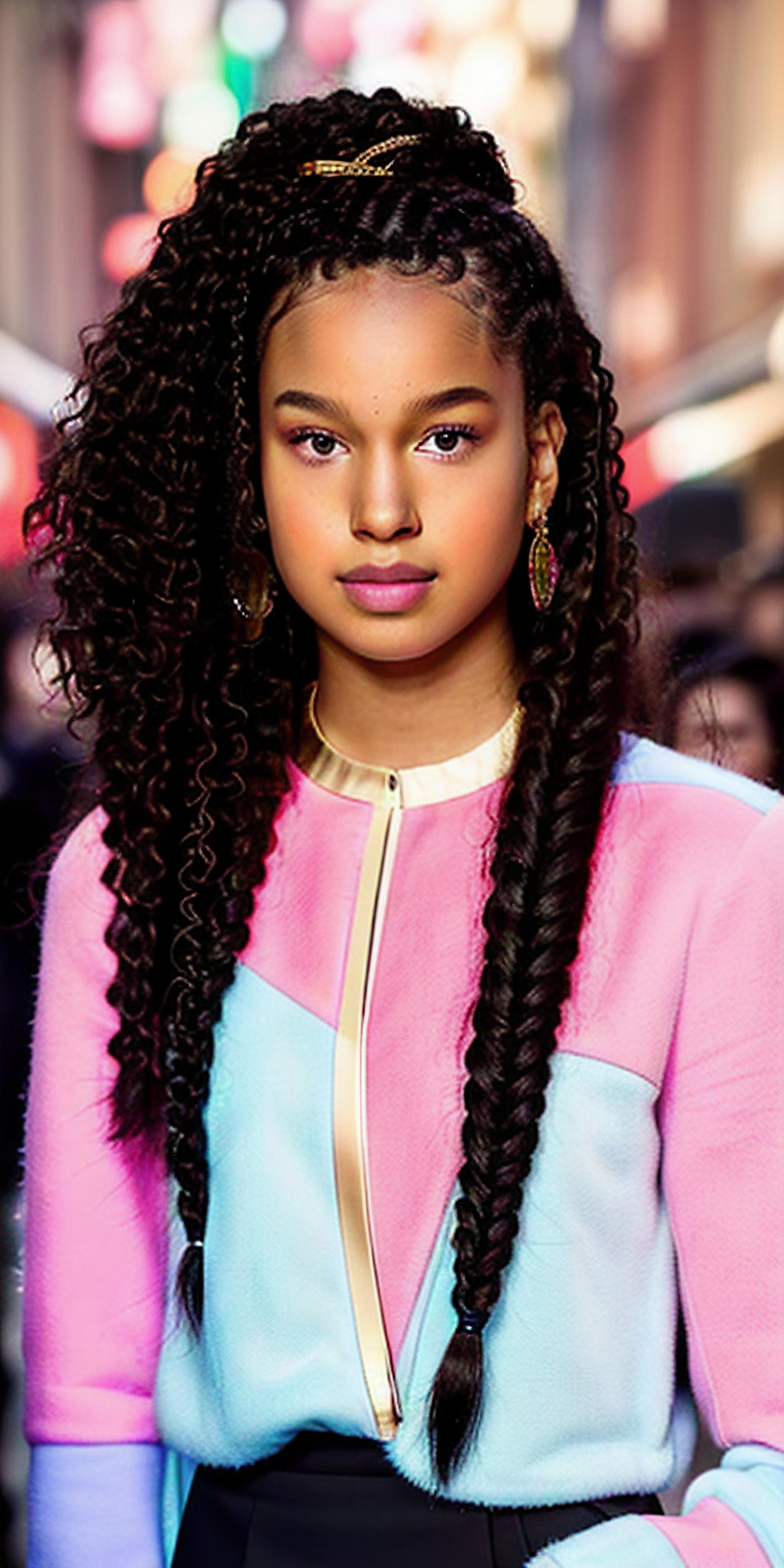 A woman with long curly hair wearing a pink and blue top - SeaArt AI