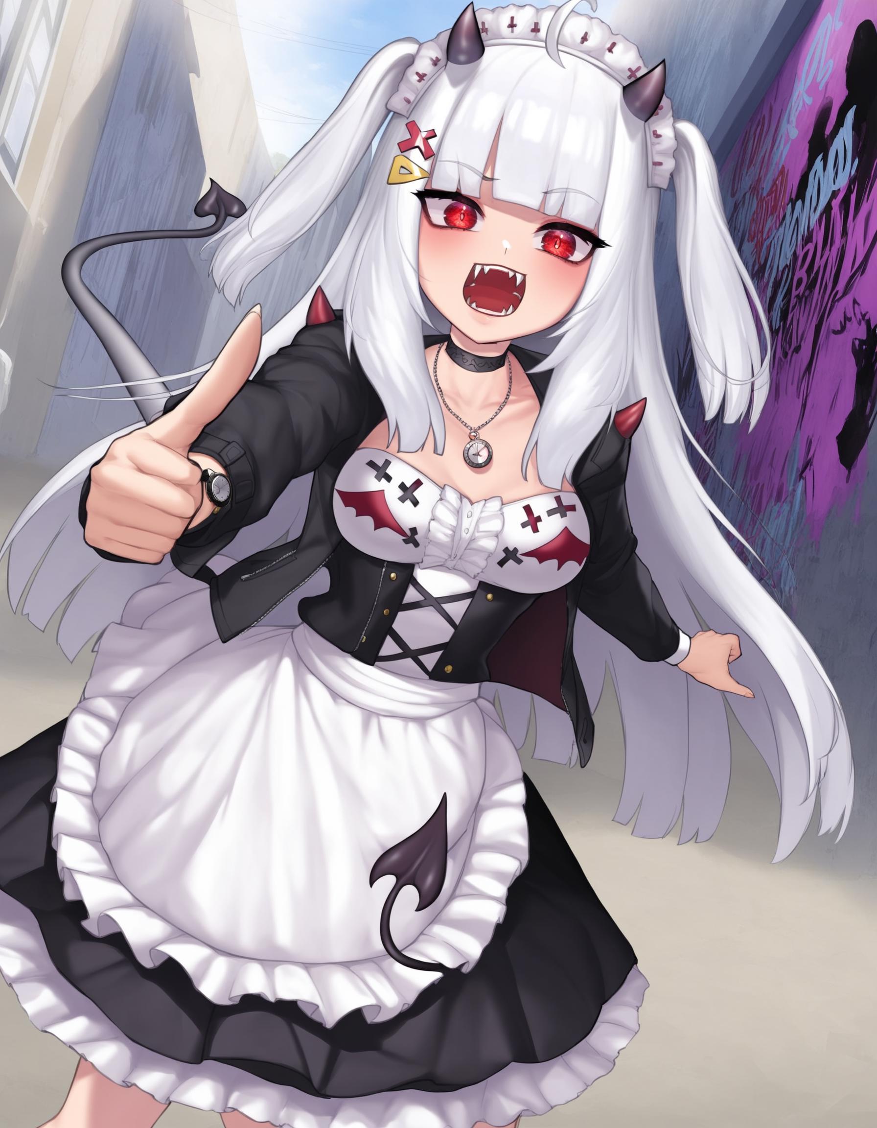 Anime girl with white hair and purple eyes holding a knife - SeaArt AI