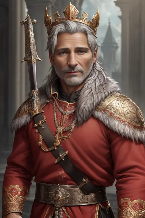 a man in a red outfit with a crown and sword