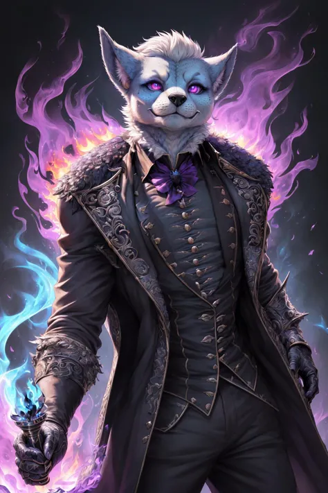 a man in a suit and tie holding a sword with a cat on it