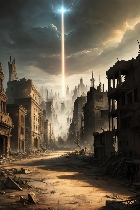 a picture taken from a video game shows a city destroyed by a star