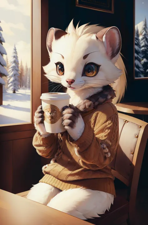 a close up of a cat holding a cup of coffee