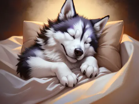 fantasy  head shot of adorable (fluffy, feral husky, goofy), (detailed  face, closed eyes ), (solo focus:1.2), sleeping,snugglin...