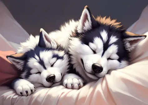 fantasy  head shot of adorable (fluffy, feral husky, goofy), (detailed  face, closed eyes ), (solo focus:1.2), sleeping, lying o...