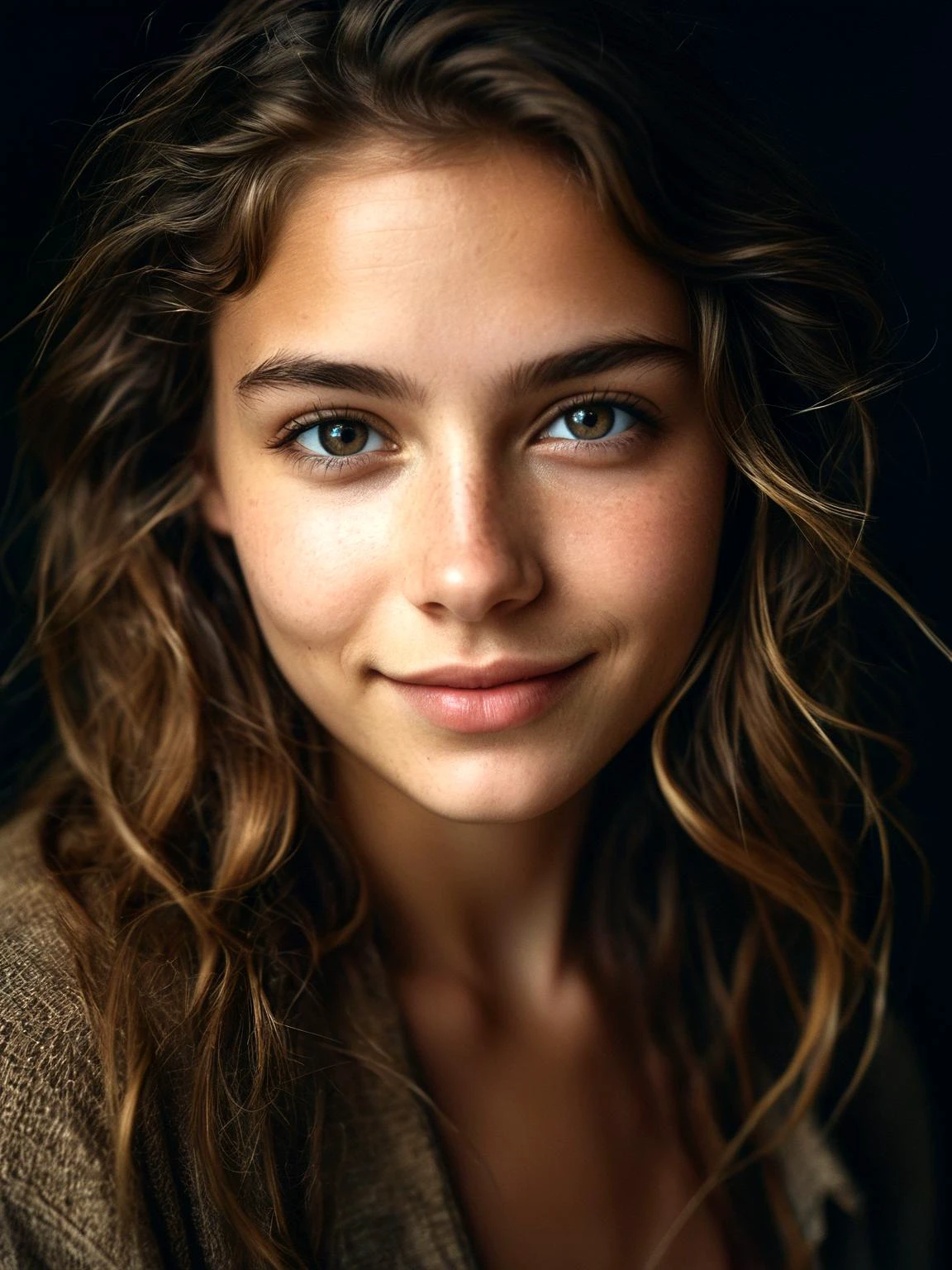 (close-up, editorial photograph of a 21 year old woman), (highly detailed face:1.4) (smile:0.7) (background inside dark, moody, private study:1.3), POV, by lee jeffries, nikon d850, film stock photograph, 4 kodak portra 400, camera f1.6 lens, rich colors, hyper realistic, lifelike texture, dramatic lighting, cinestill 800