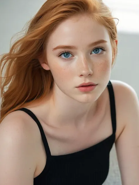 half body photo of a cute 20yo cute ginger girl, (looking shy:1.3), freckles, detailed face, detailed skin, wearing a ribbed kni...