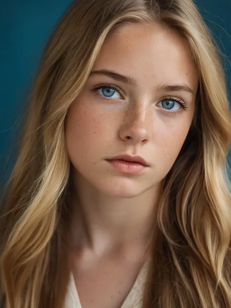 Photo portrait of a 21 y.o. Dutch woman, defiant, pensive, freckles, long dark straight blonde hair, blue eyes