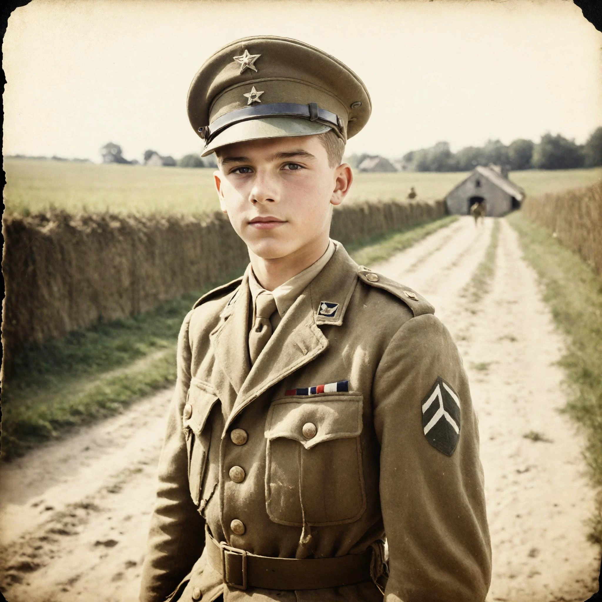 第二次世界大戦の10代の兵士のビンテージ写真, ノルマンディー, アメリカ歩兵の服を着ている, 自然光, フィルムグレイン, 傷んだエッジ, ビネット