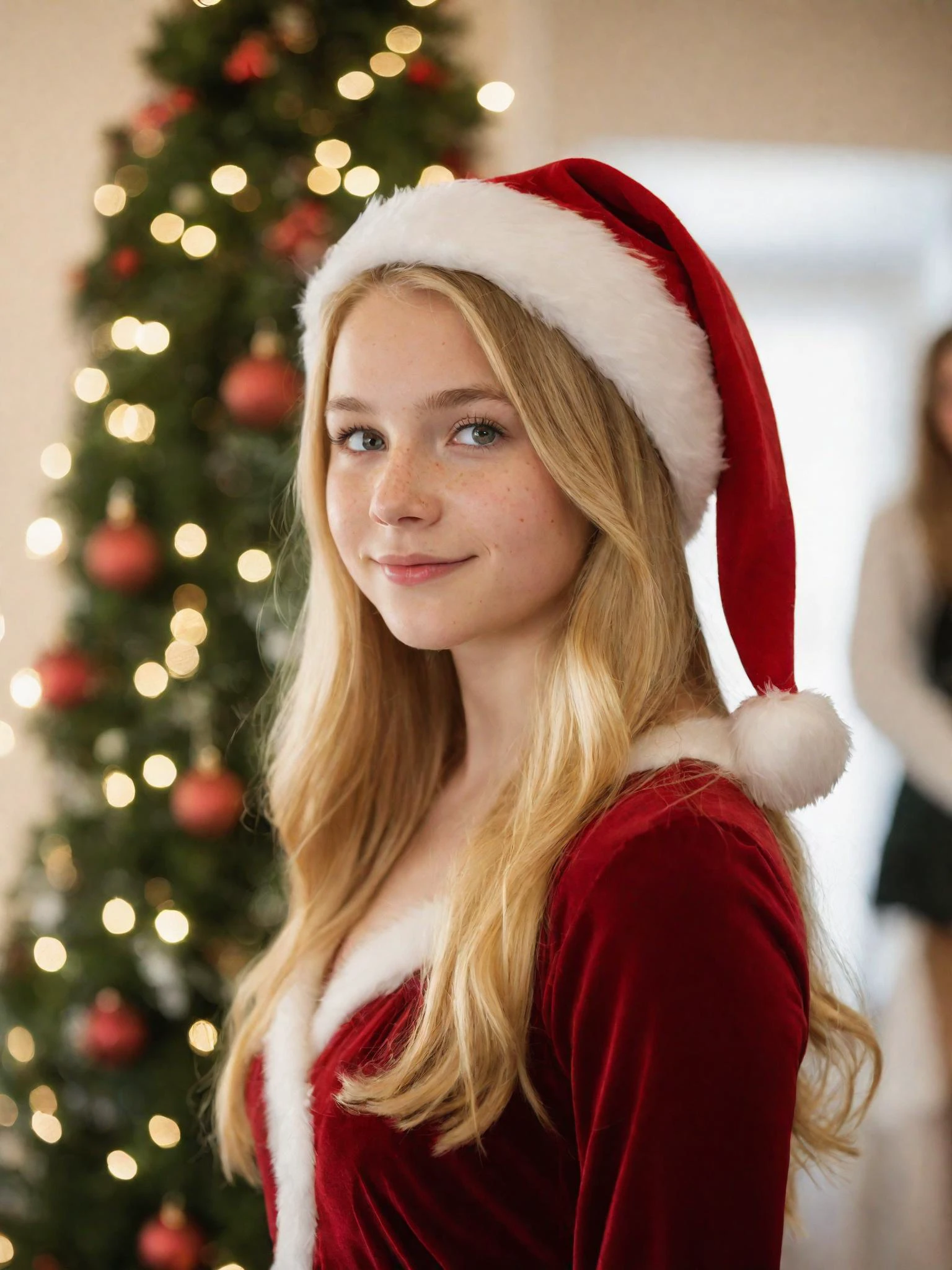 portrait of an 18 year old girl standing alone beneath the mistletoe at a christmas , sparkling hazel eyes, long blonde hair falling gently around her shoulders, freckles, wearing a modest formal christmas dress, santa hat, shy smile, snowflakes gently falling, dof, bokeh