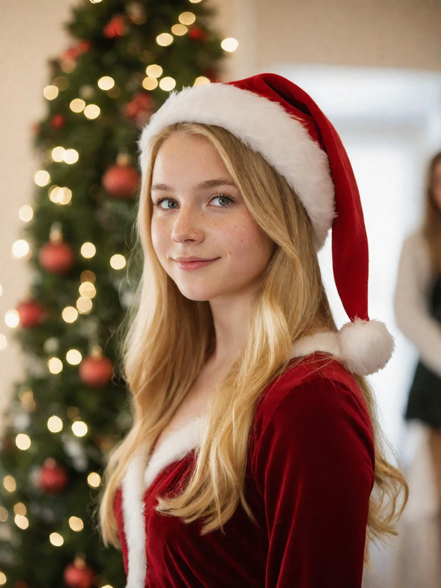 Retrato de una chica de 18 años sola bajo el muérdago en Navidad , Ojos color avellana brillantes, largo cabello rubio cayendo suavemente sobre sus hombros, pecas, vistiendo un modesto vestido formal de navidad, Santa hat, Sonrisa tímida, copos de nieve cayendo suavemente, DOF, bokeh