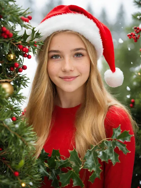 portrait of a pretty 18 year old girl standing beneath the mistletoe, sparkling hazel eyes, long blonde hair falling gently arou...