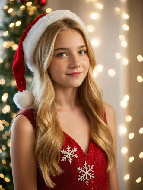 portrait of an 18 year old girl standing alone beneath the mistletoe at a christmas party, sparkling hazel eyes, long blonde hai...