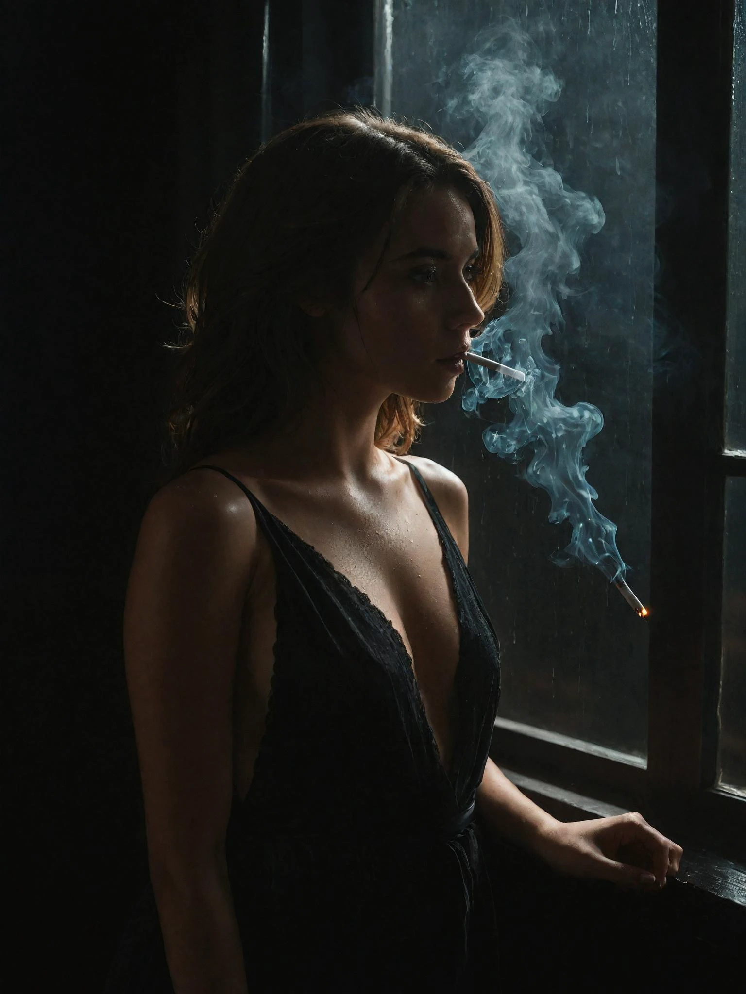 Foto modelo de una mujer francesa de 38 años fumando un cigarrillo encendido en una habitación oscura mientras mira por la ventana, (silueta:1.2), de pie en una habitación de motel oscura, vistiendo una modesta bata de descanso, (cara y ojos detallados), pelo revuelto, cara arrugada, Las brasas brillantes del cigarrillo iluminan débilmente su rostro., Las gotas de lluvia salpican el exterior de la ventana., enfoque nítido, iluminación extremadamente oscura, DOF, estético, fotografía profesional de 35 mm, 