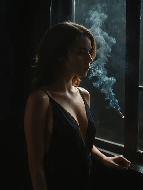 model photo of a 38 year old french woman smoking a glowing cigarette in a dark room while looking out a window, (silhouette:1.2...