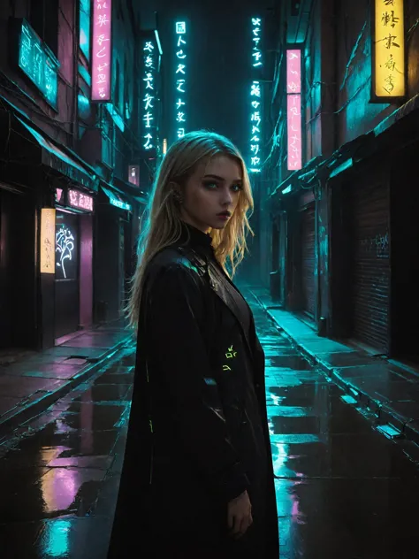 portrait photo, looking at viewer, a slender 20 year old girl standing alone in a dark futuristic alleyway, (detailed face), hau...