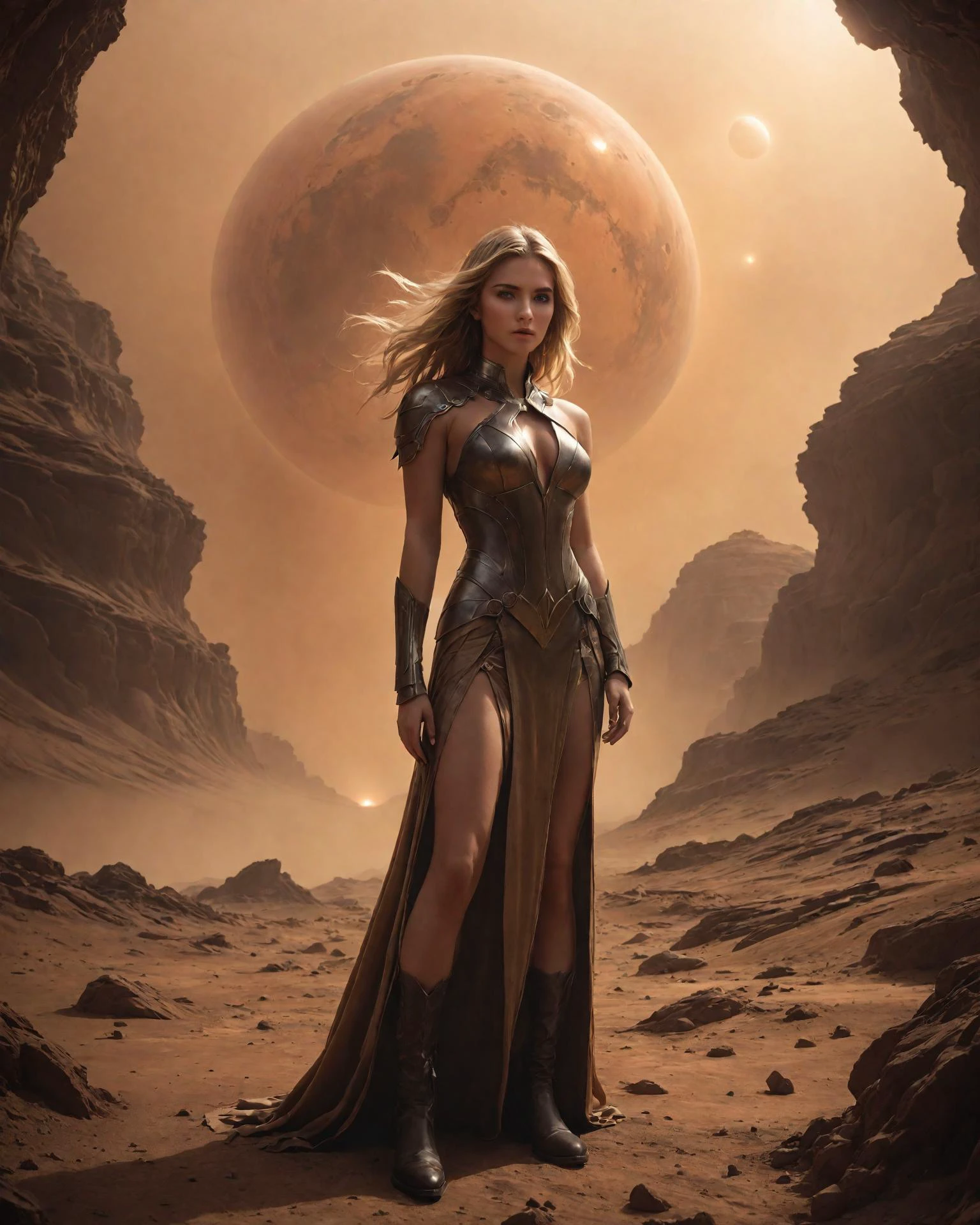 ภาพถ่ายดิจิทัล, เจ้าหญิงนักรบวัย 20 ปีที่น่าทึ่งยืนอยู่บนพื้นผิวดาวอังคาร, (ใบหน้าที่มีรายละเอียด), ดวงตาที่โดดเด่น, สวมชุดยาว [ผ้าลินิน:หุ้มเกราะ:5] แต่งกายด้วยไหล่เปลือย, คอเสื้อพรวดพราด, กรีดขา, รองเท้าบูทหนังต่อสู้, รูปร่างเพรียวบางแข็งแรง, เธอเป็นหญิงสาวตัวเล็กแต่แข็งแกร่งแม้จะมีขนาดตัวก็ตาม, การแสดงออกที่รุนแรง, ริมฝีปากเม้มเข้าหากันแน่น, ผมยาวสีบลอนด์ที่งดงาม, หมอกสีส้มเรืองแสงลอยอยู่เหนือสนามรบที่ว่างเปล่า, บนดาวเคราะห์สีแดงบนภูเขาอันห่างไกลและปีศาจฝุ่นข่มขวัญภูมิทัศน์อันขรุขระที่ไม่เป็นมิตร, พายุฝุ่น, สายฟ้าสีแดง, ลมแรง, การตั้งค่าแฟนตาซีไซไฟ, แสงภาพยนตร์, 